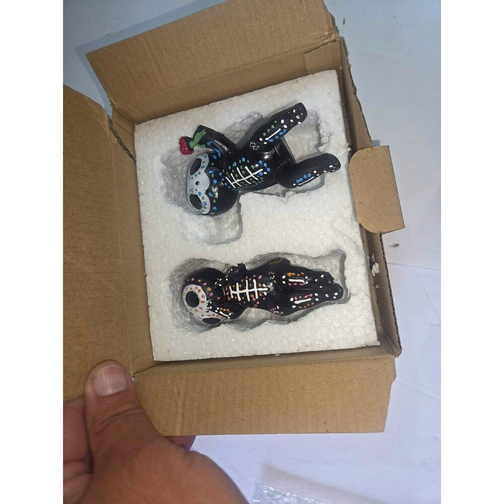 Painted Ceramic Skeleton Figurines, Day of the Dead, Black/White, 2 Pack, Box